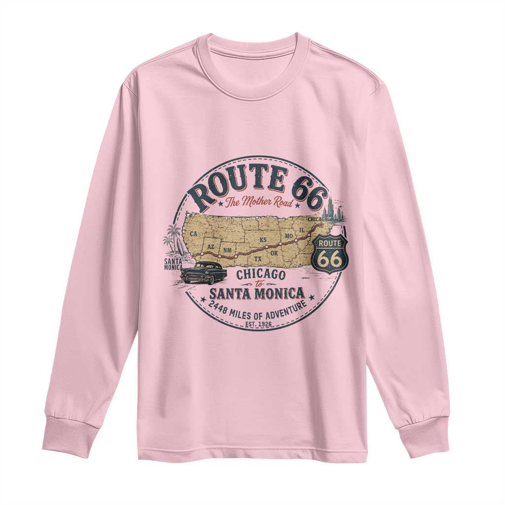 Route Highway 66 Map Chicago to Santa Monica Long Sleeve Shirt Vintage America Road Trip Americana