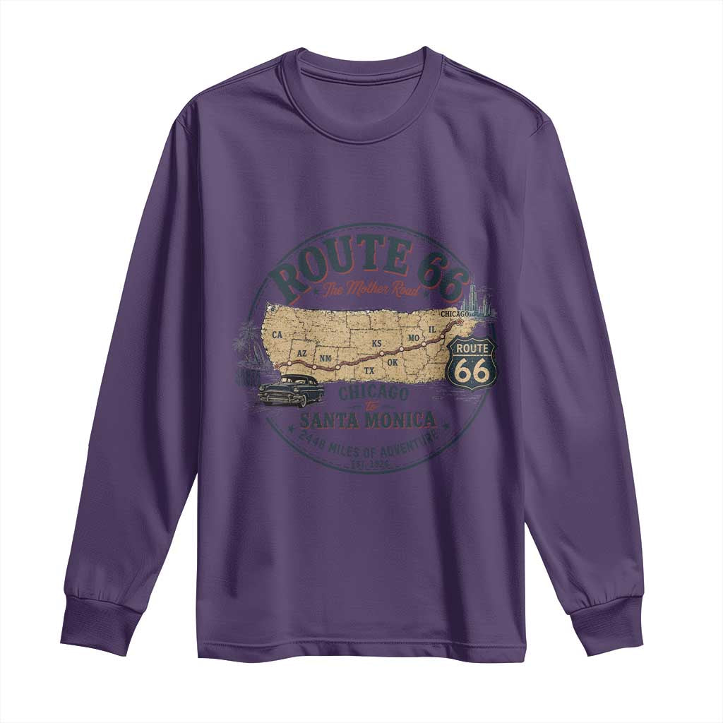 Route Highway 66 Map Chicago to Santa Monica Long Sleeve Shirt Vintage America Road Trip Americana