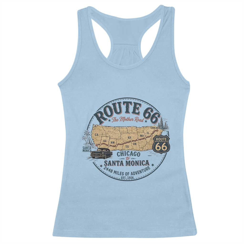 Route Highway 66 Map Chicago to Santa Monica Racerback Tank Top Vintage America Road Trip Americana