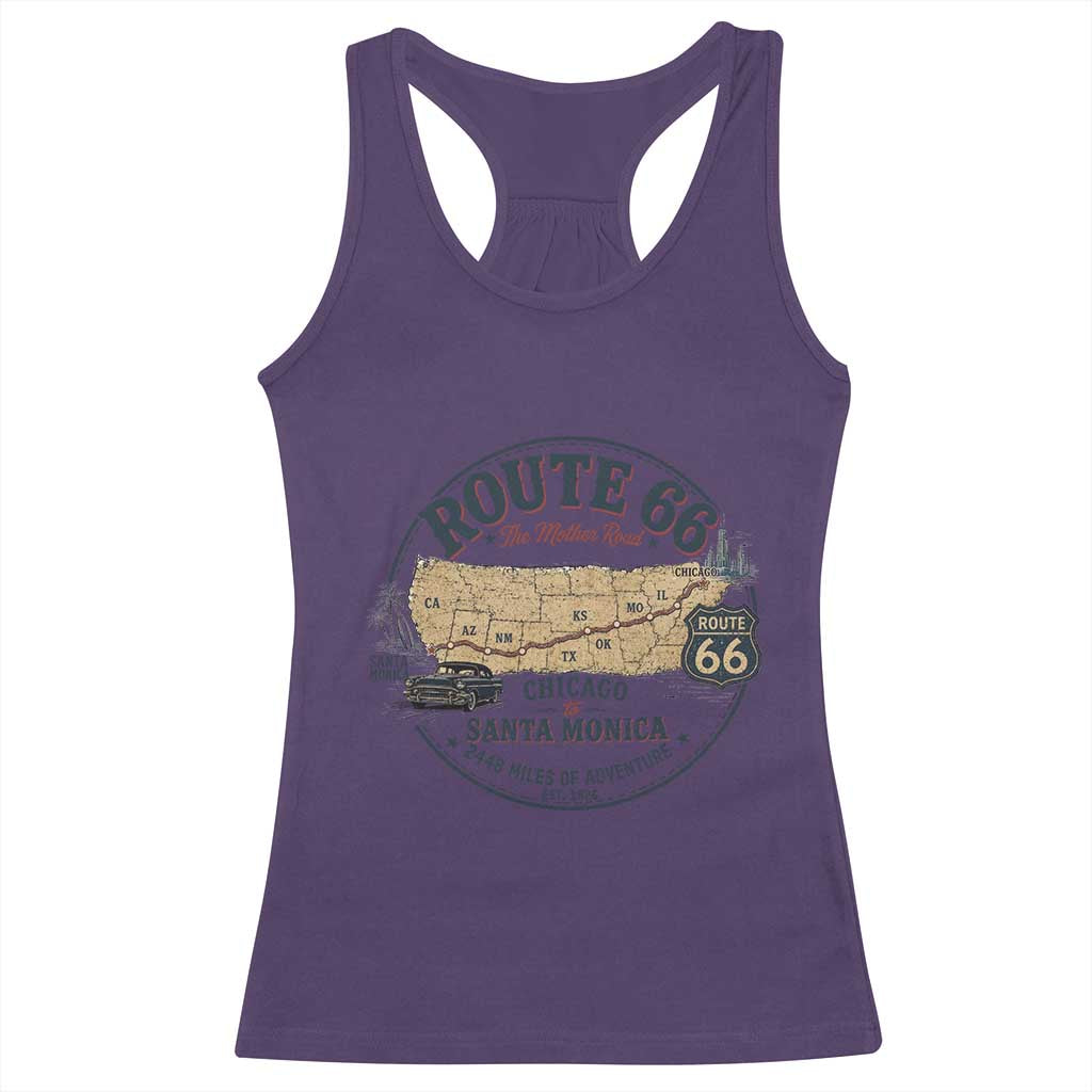 Route Highway 66 Map Chicago to Santa Monica Racerback Tank Top Vintage America Road Trip Americana