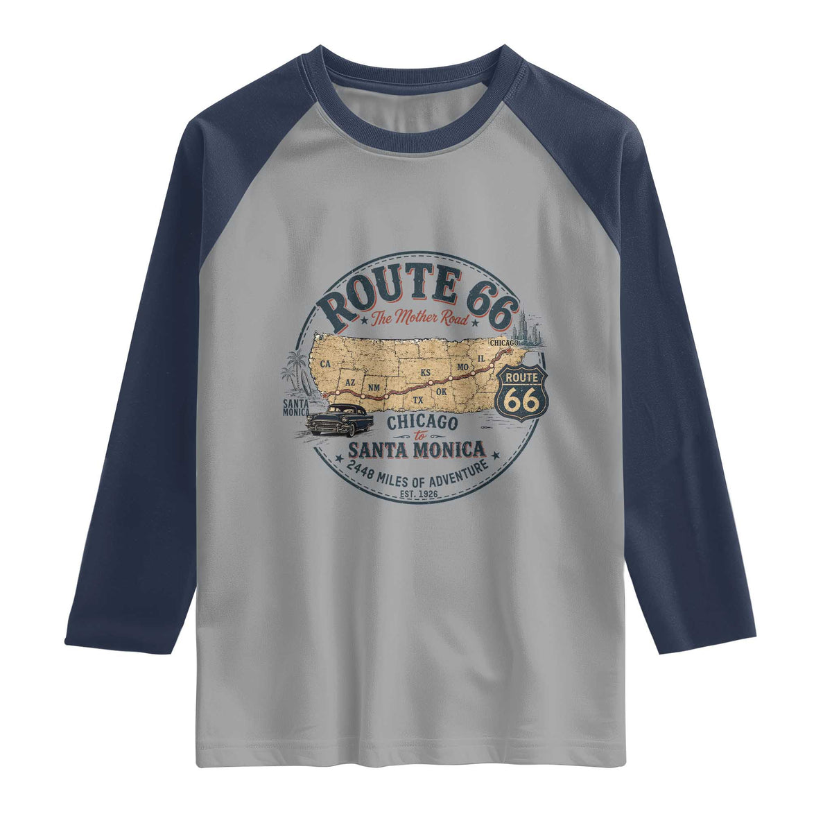 Route Highway 66 Map Chicago to Santa Monica Raglan Shirt Vintage America Road Trip Americana