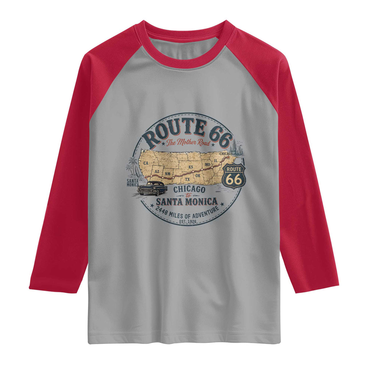 Route Highway 66 Map Chicago to Santa Monica Raglan Shirt Vintage America Road Trip Americana