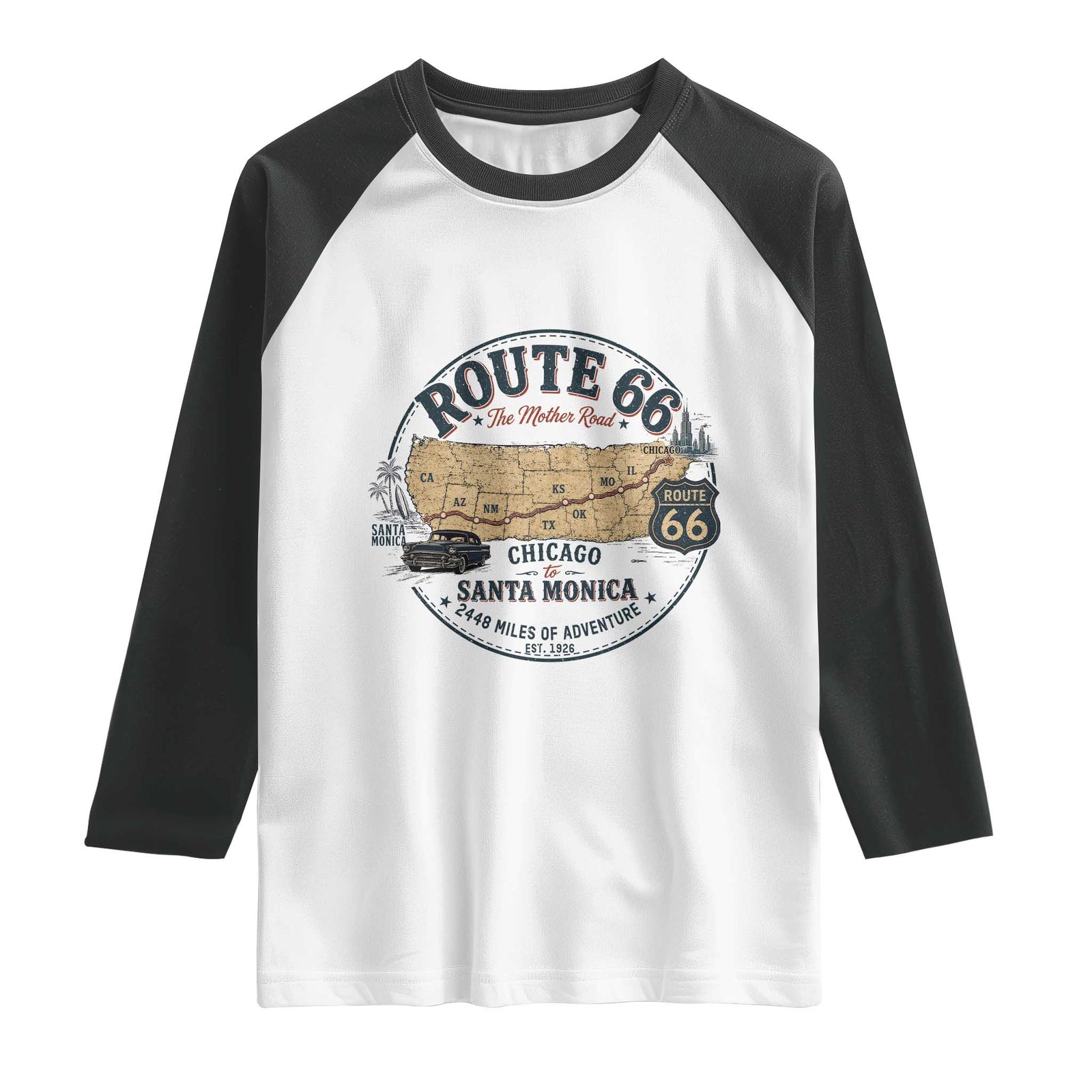 Route Highway 66 Map Chicago to Santa Monica Raglan Shirt Vintage America Road Trip Americana TS14 White Black Print Your Wear