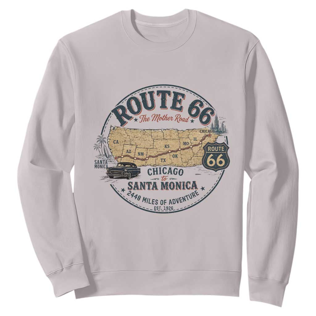 Route Highway 66 Map Chicago to Santa Monica Sweatshirt Vintage America Road Trip Americana