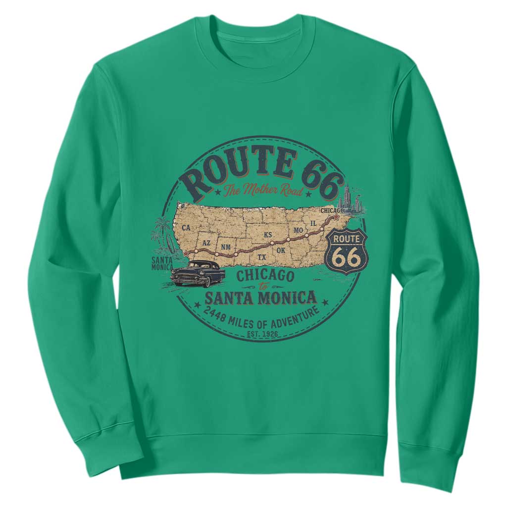 Route Highway 66 Map Chicago to Santa Monica Sweatshirt Vintage America Road Trip Americana