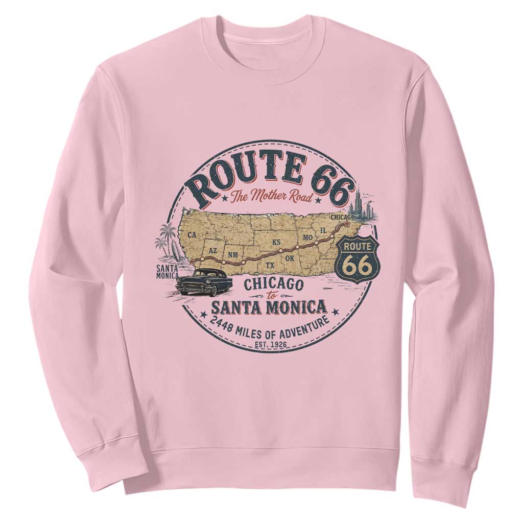 Route Highway 66 Map Chicago to Santa Monica Sweatshirt Vintage America Road Trip Americana