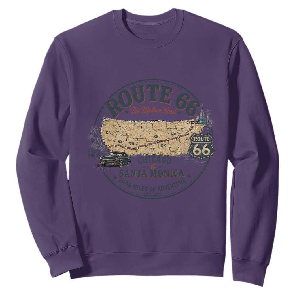 Route Highway 66 Map Chicago to Santa Monica Sweatshirt Vintage America Road Trip Americana