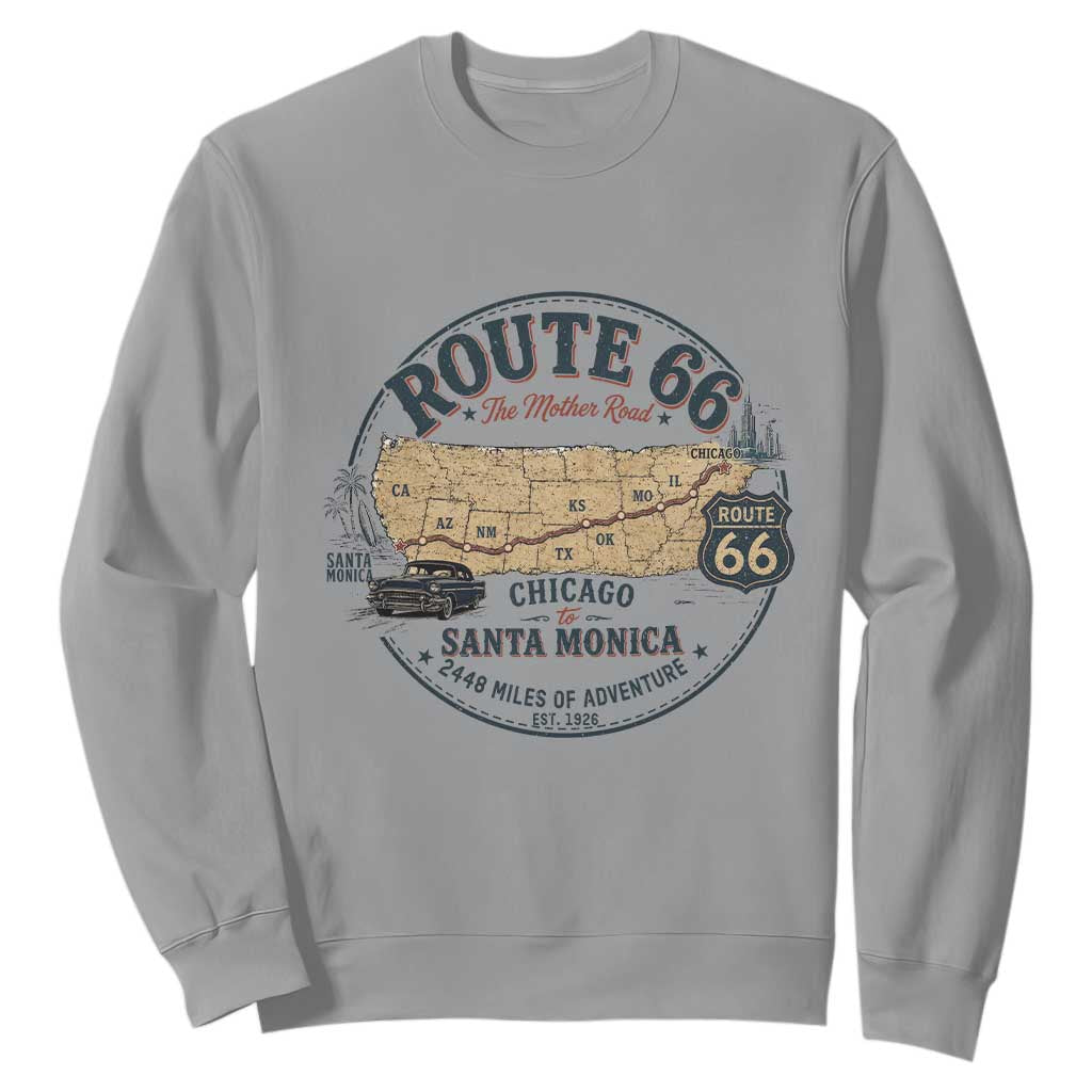 Route Highway 66 Map Chicago to Santa Monica Sweatshirt Vintage America Road Trip Americana