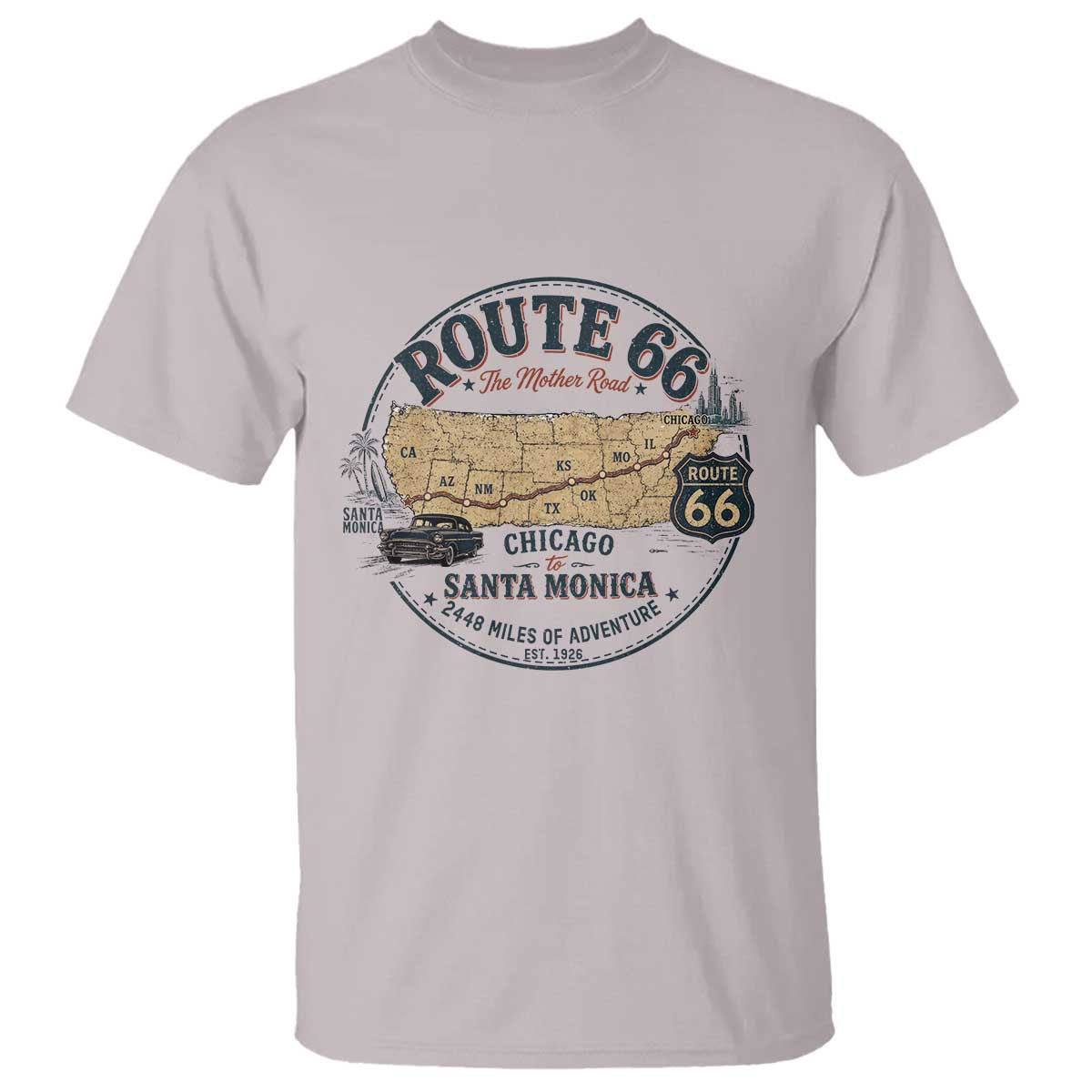 Route Highway 66 Map Chicago to Santa Monica T Shirt Vintage America Road Trip Americana
