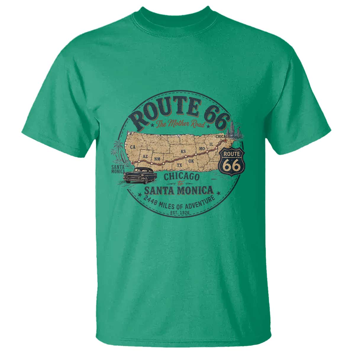 Route Highway 66 Map Chicago to Santa Monica T Shirt Vintage America Road Trip Americana