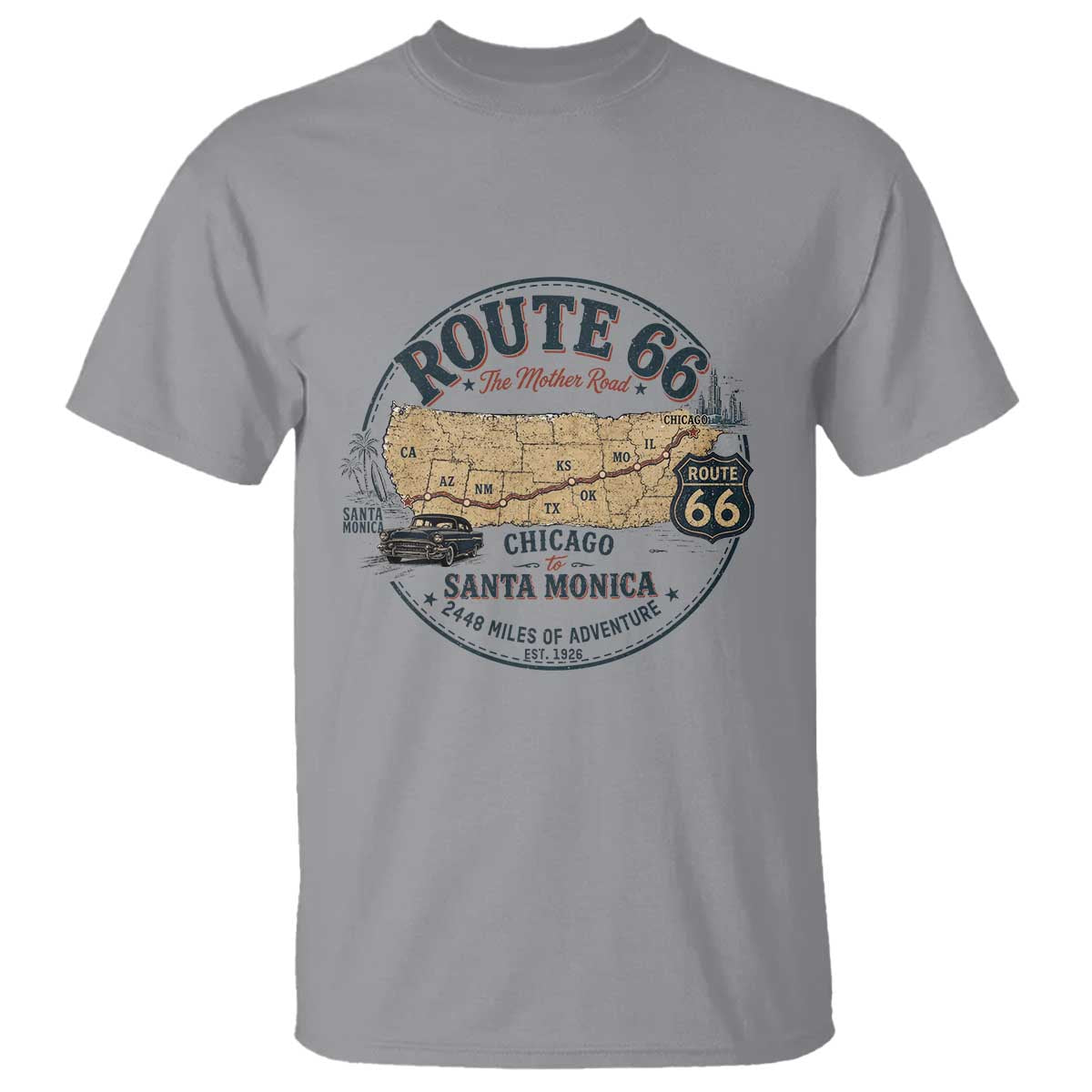 Route Highway 66 Map Chicago to Santa Monica T Shirt Vintage America Road Trip Americana