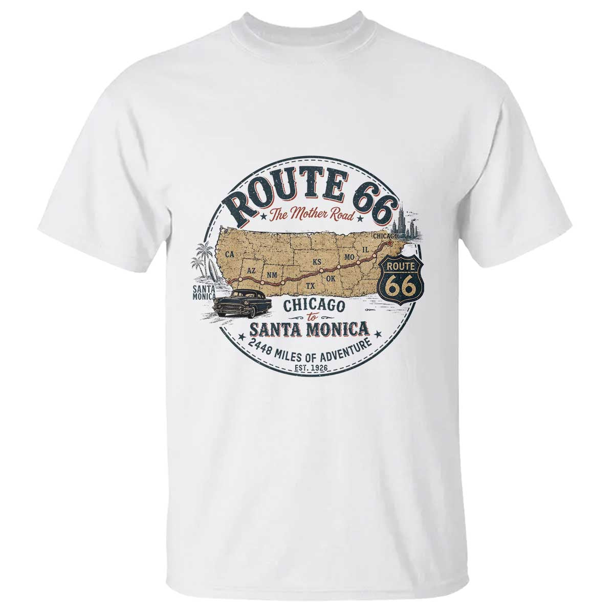 Route Highway 66 Map Chicago to Santa Monica T Shirt Vintage America Road Trip Americana