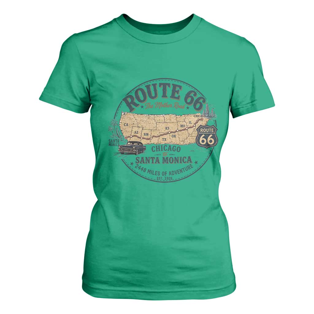 Route Highway 66 Map Chicago to Santa Monica T Shirt For Women Vintage America Road Trip Americana