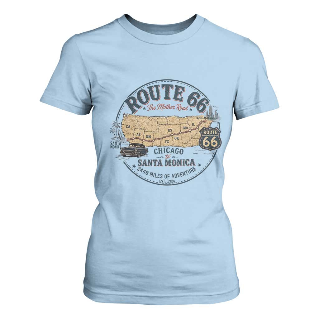 Route Highway 66 Map Chicago to Santa Monica T Shirt For Women Vintage America Road Trip Americana