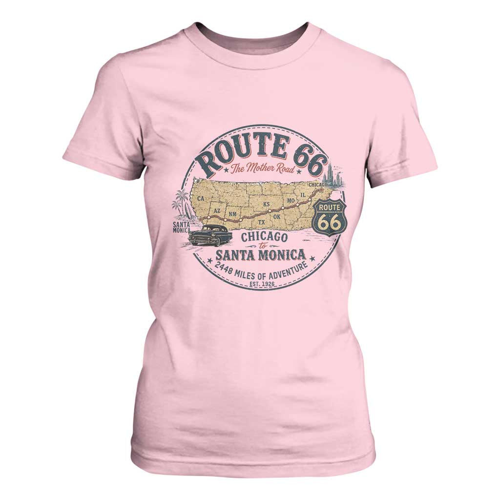 Route Highway 66 Map Chicago to Santa Monica T Shirt For Women Vintage America Road Trip Americana