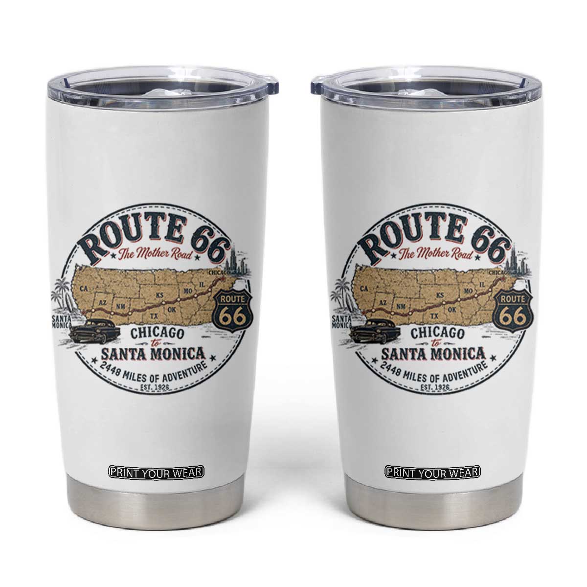 Route Highway 66 Map Chicago to Santa Monica Tumbler Cup Vintage America Road Trip Americana TS14 White Print Your Wear