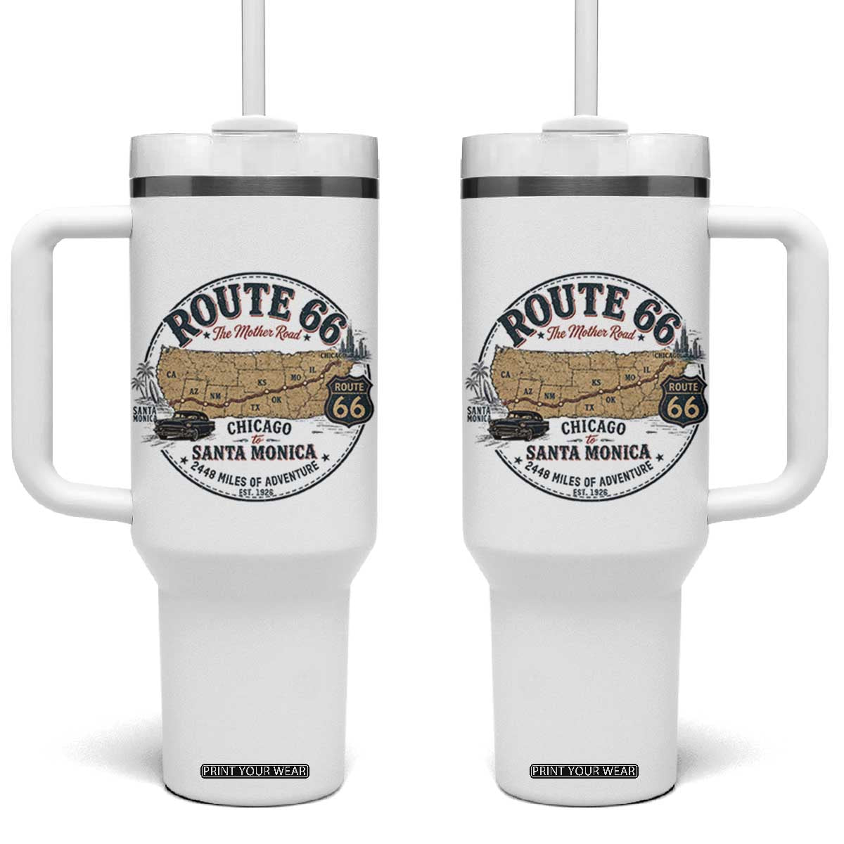 Route Highway 66 Map Chicago to Santa Monica Tumbler With Handle Vintage America Road Trip Americana TS14 One Size: 40 oz White Print Your Wear