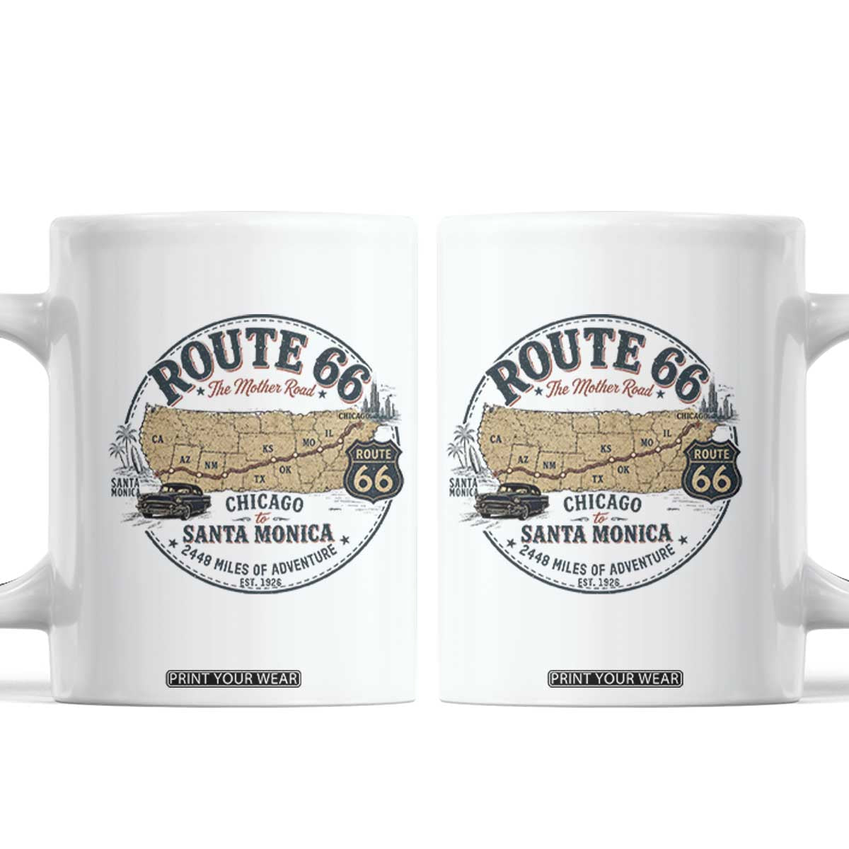 Route Highway 66 Map Chicago to Santa Monica Coffee Mug Vintage America Road Trip Americana