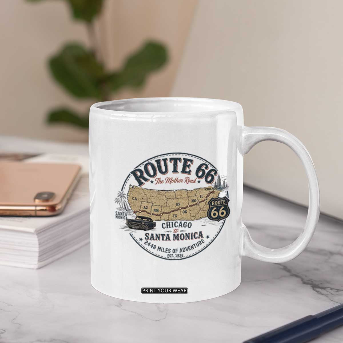 Route Highway 66 Map Chicago to Santa Monica Coffee Mug Vintage America Road Trip Americana