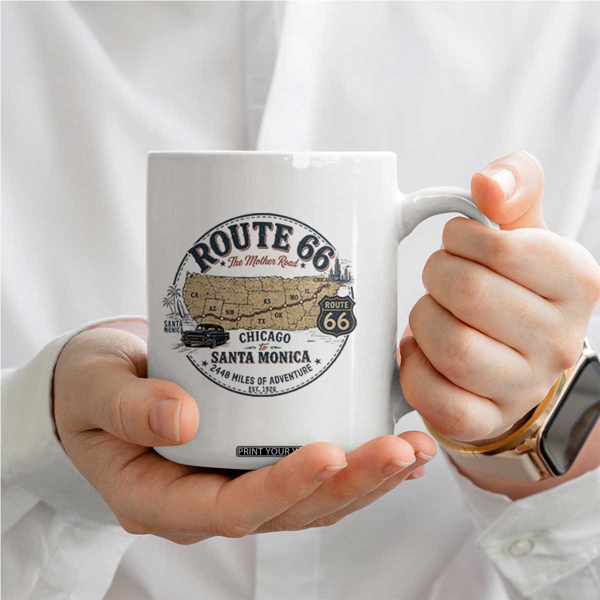Route Highway 66 Map Chicago to Santa Monica Coffee Mug Vintage America Road Trip Americana