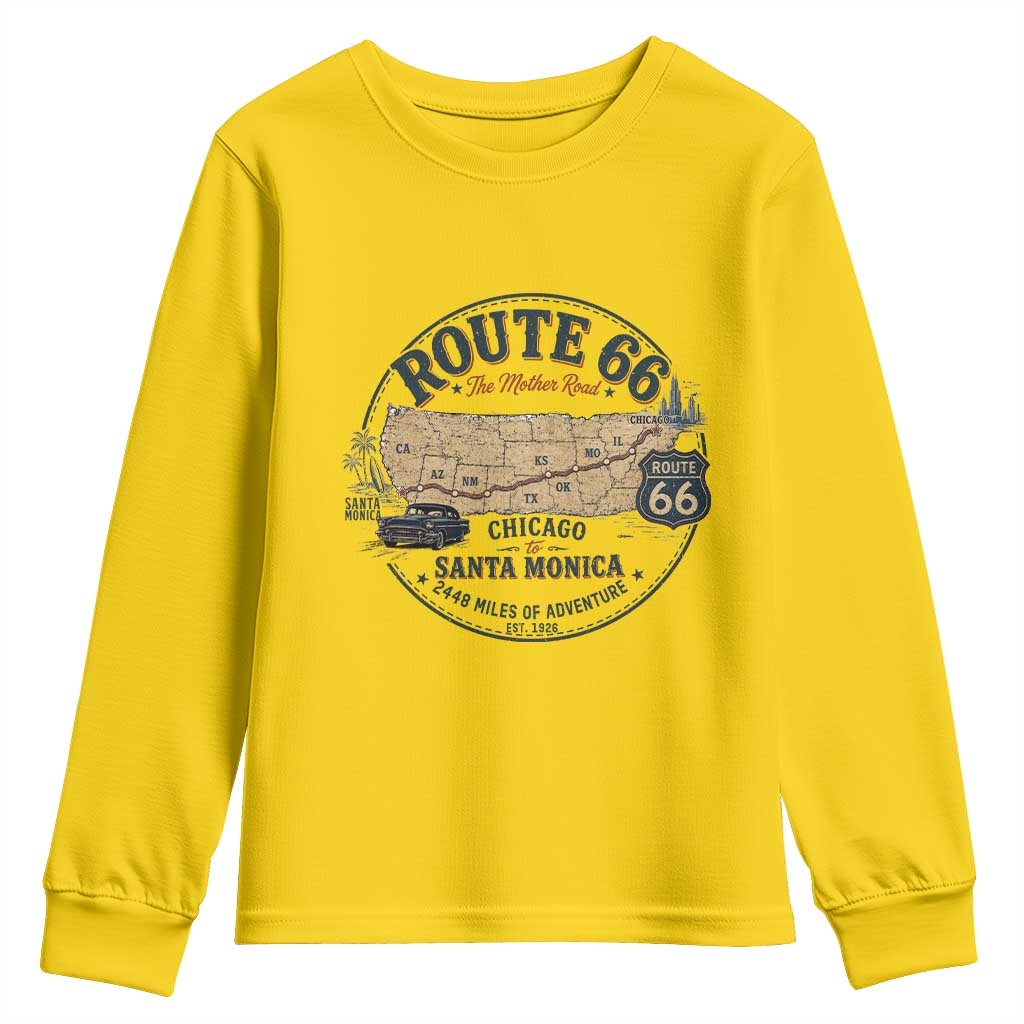 Route Highway 66 Map Chicago to Santa Monica Youth Sweatshirt Vintage America Road Trip Americana