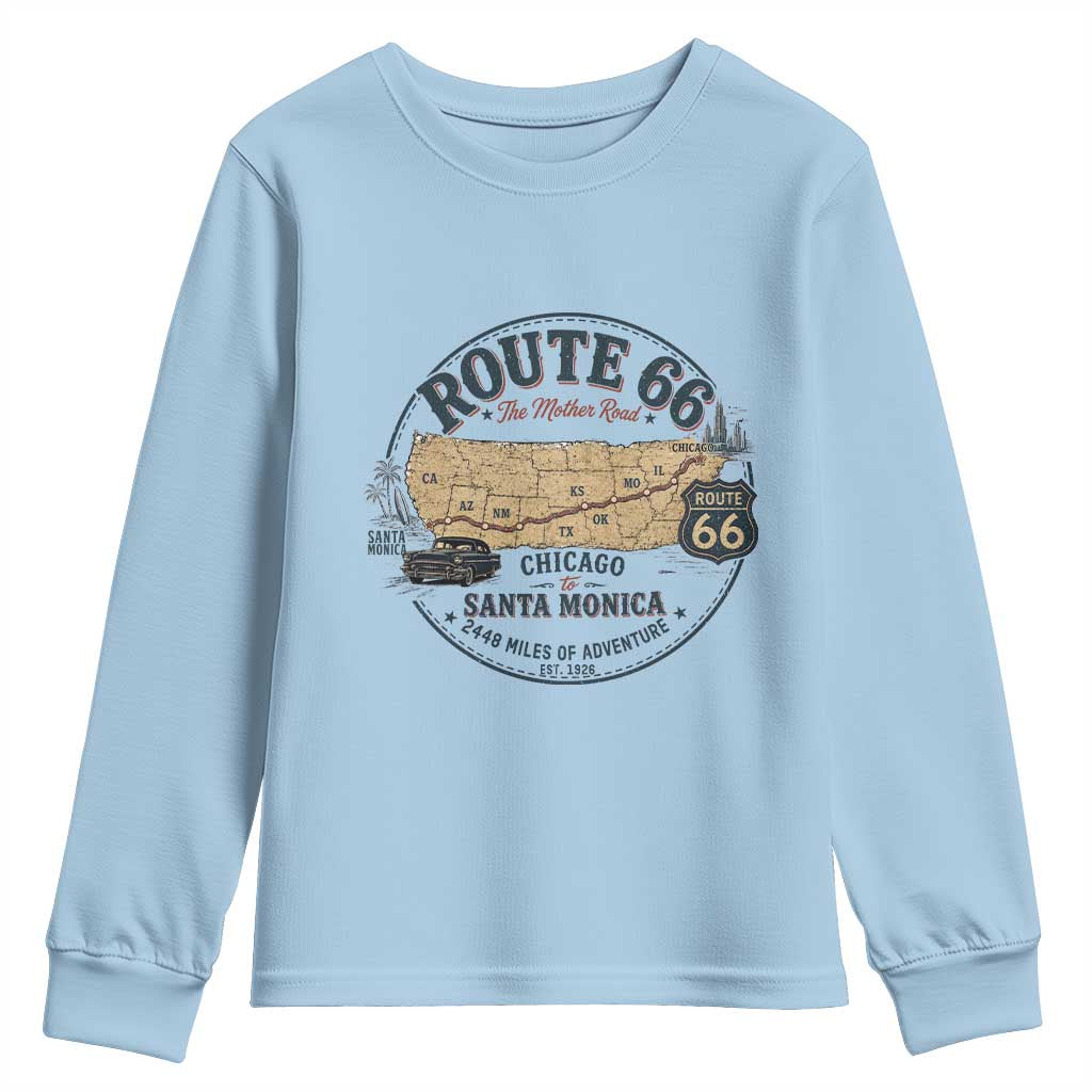 Route Highway 66 Map Chicago to Santa Monica Youth Sweatshirt Vintage America Road Trip Americana