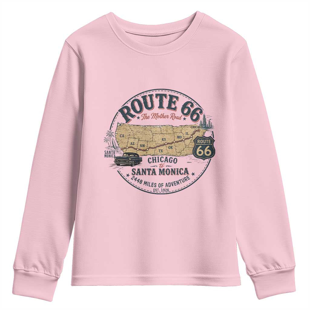 Route Highway 66 Map Chicago to Santa Monica Youth Sweatshirt Vintage America Road Trip Americana