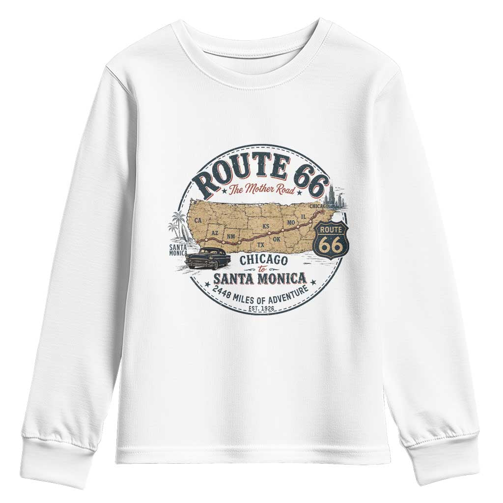 Route Highway 66 Map Chicago to Santa Monica Youth Sweatshirt Vintage America Road Trip Americana