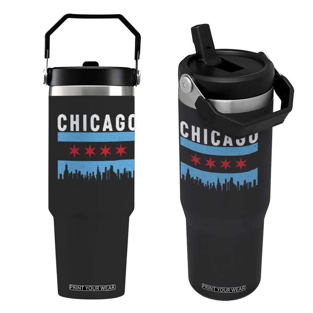 Vintage Chicago City Skyline Flag Flip Straw Tumbler TS14 One Size: 30 oz Black Print Your Wear