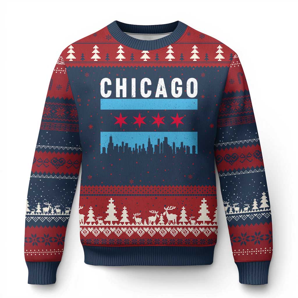 Vintage Chicago City Skyline Flag Ugly Christmas Sweater TS14 Navy Red Print Your Wear