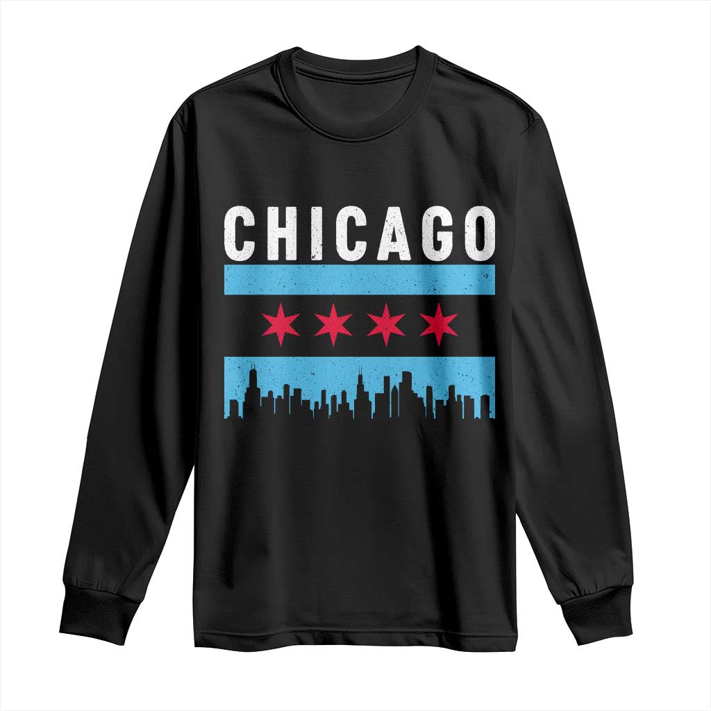 Vintage Chicago City Skyline Flag Long Sleeve Shirt TS14 Black Print Your Wear