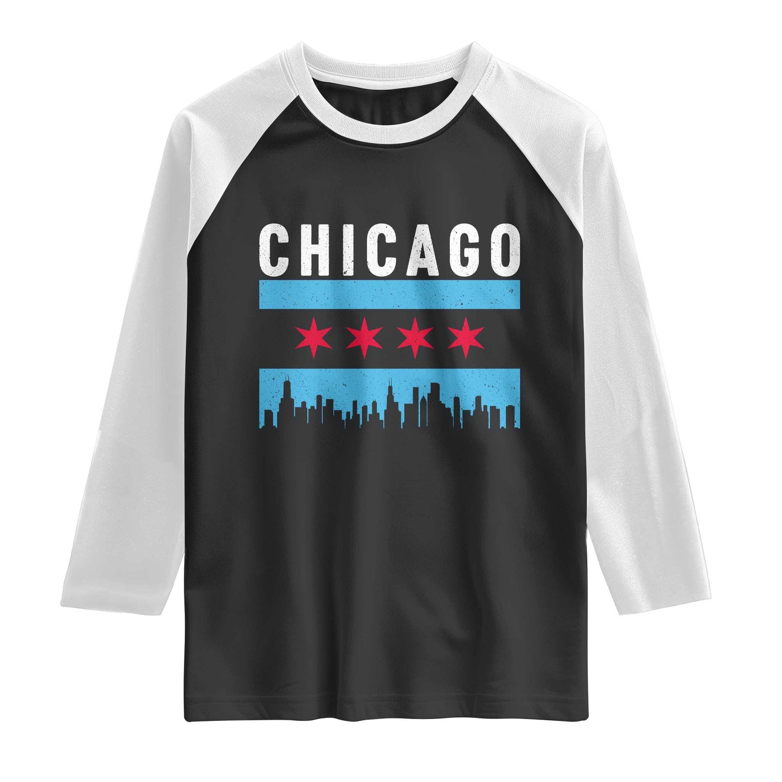 Vintage Chicago City Skyline Flag Raglan Shirt TS14 Black White Print Your Wear