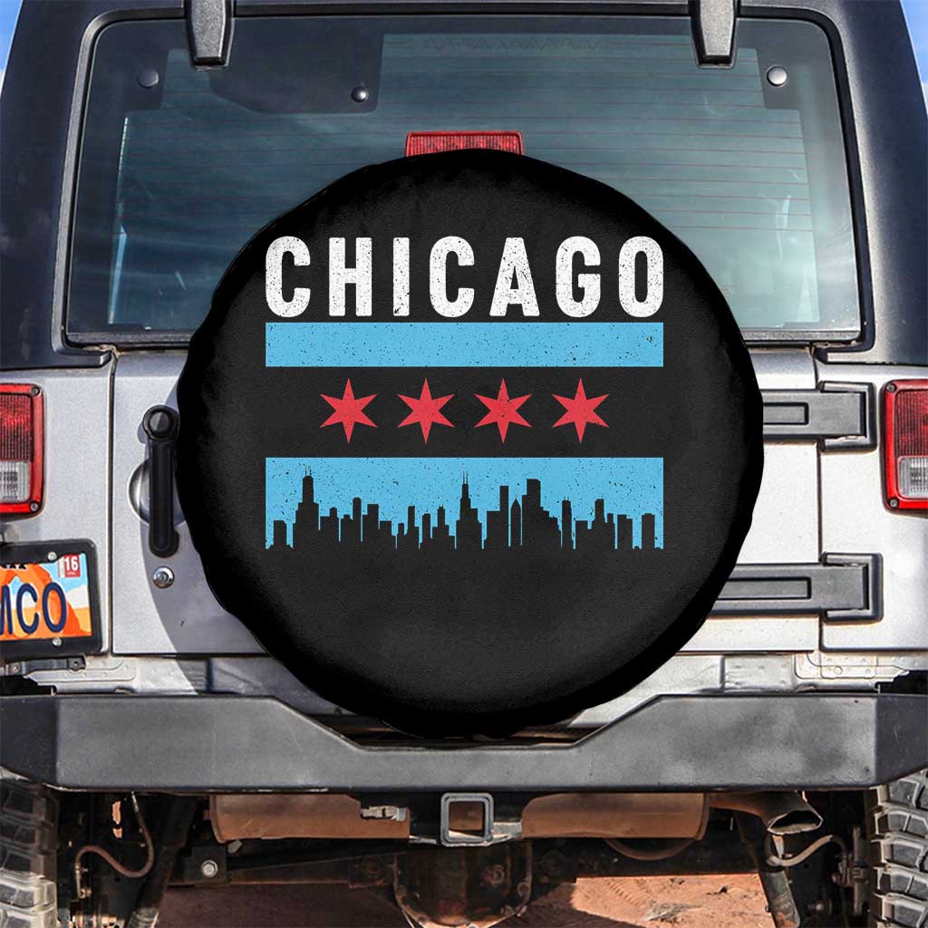 Vintage Chicago City Skyline Flag Spare Tire Cover TS14 No hole Black Print Your Wear