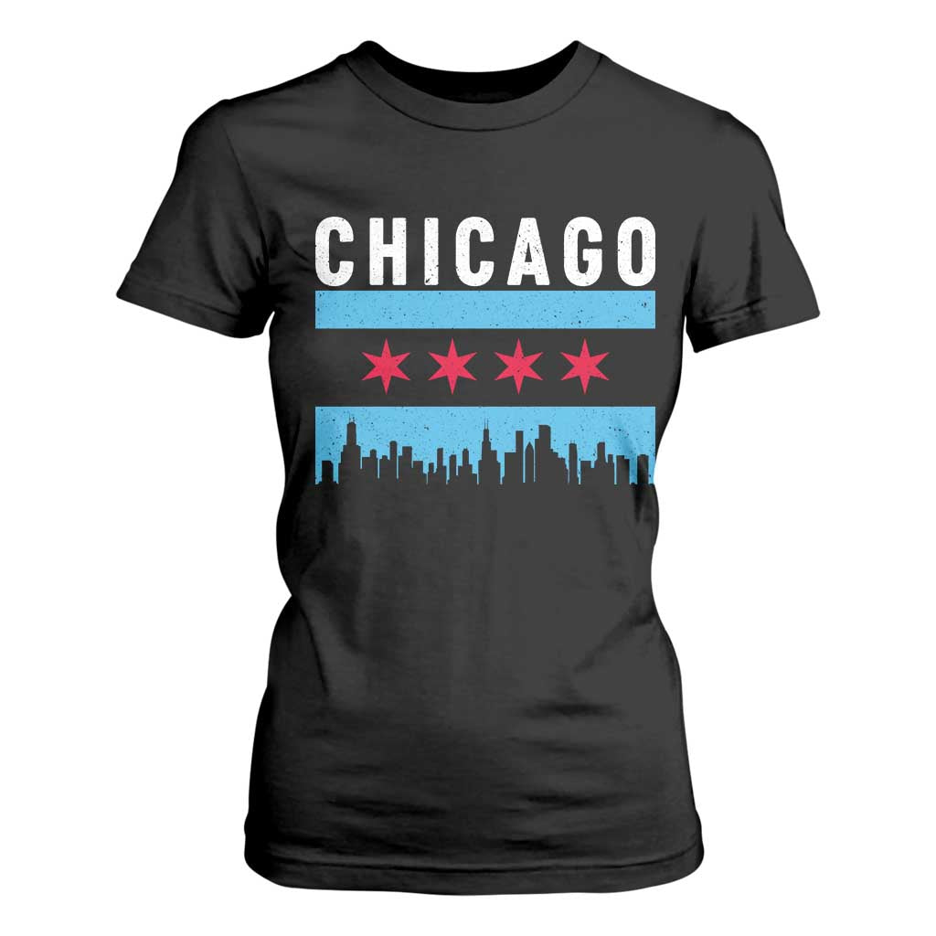 Vintage Chicago City Skyline Flag T Shirt For Women TS14 Black Print Your Wear