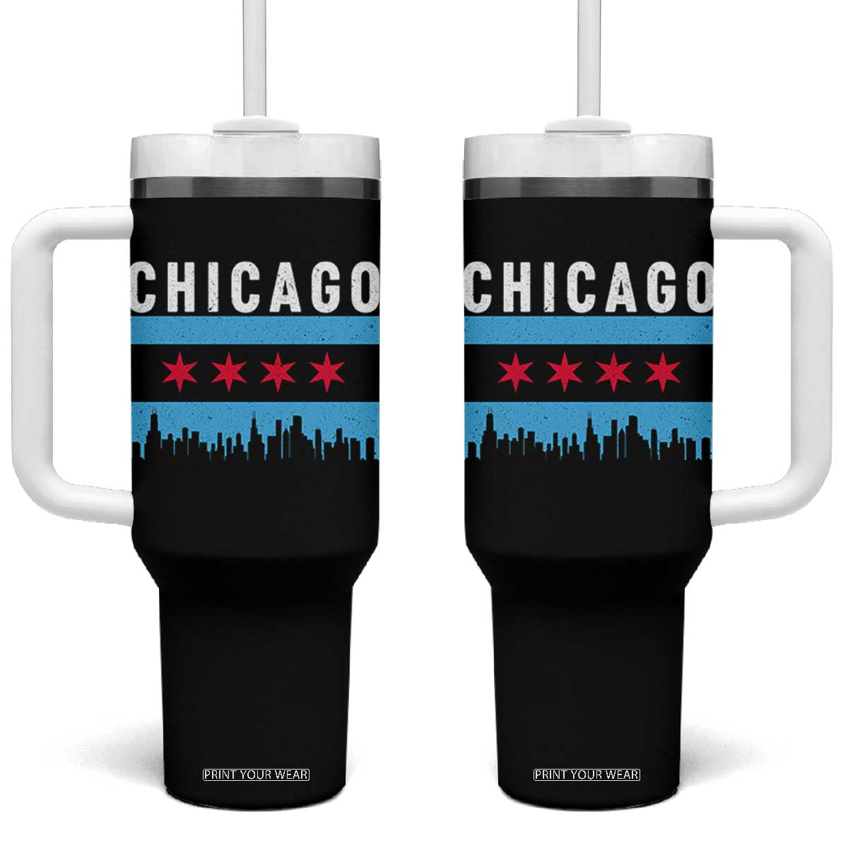 Vintage Chicago City Skyline Flag Tumbler With Handle TS14 One Size: 40 oz Black Print Your Wear