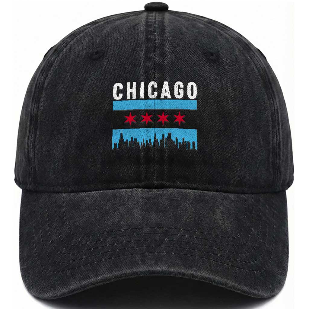 Vintage Chicago City Skyline Flag Washed Cotton Baseball Cap TS14 Print Your Wear