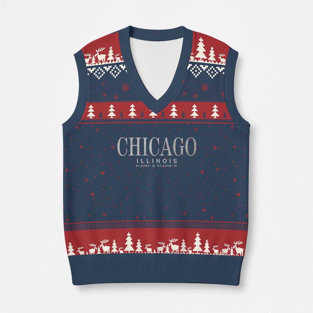 Chicago Illinois IL Est 1837 Vintage Travel Souvenir V-Neck Knit Sweater Vest TS14 Navy Red Print Your Wear