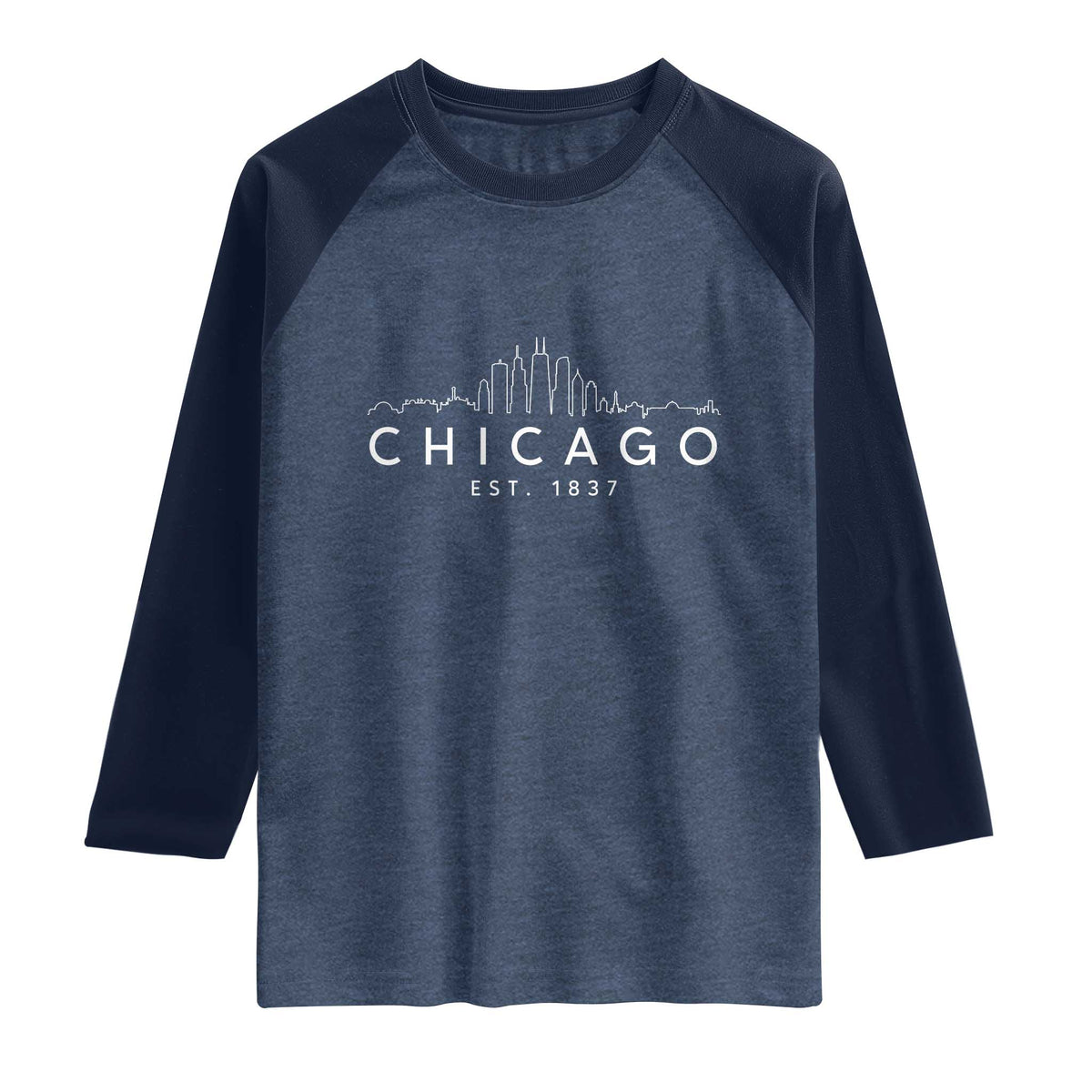 Chicago Downtown Skyline Minimalist Illinois Souvenir Raglan Shirt TS14 Heather Denim Navy Print Your Wear