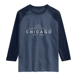 Chicago Downtown Skyline Minimalist Illinois Souvenir Raglan Shirt TS14 Heather Denim Navy Print Your Wear