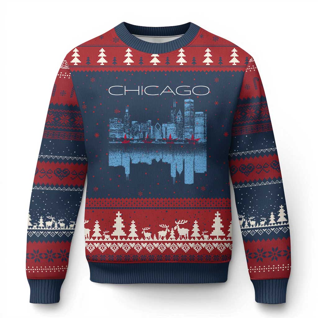 Chicago City Skyline Night Lights Ugly Christmas Sweater TS14 Navy Red Print Your Wear