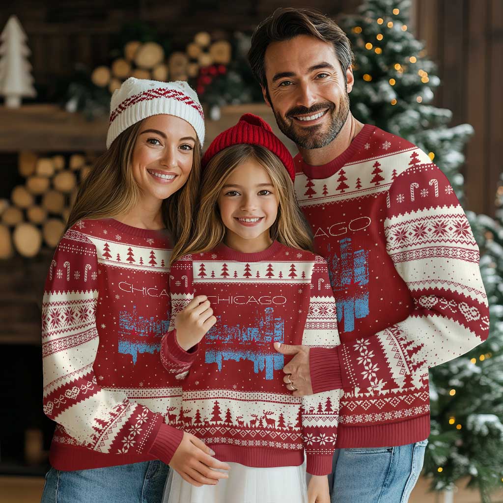 Chicago City Skyline Night Lights Ugly Christmas Sweater TS14 Red Beige Print Your Wear