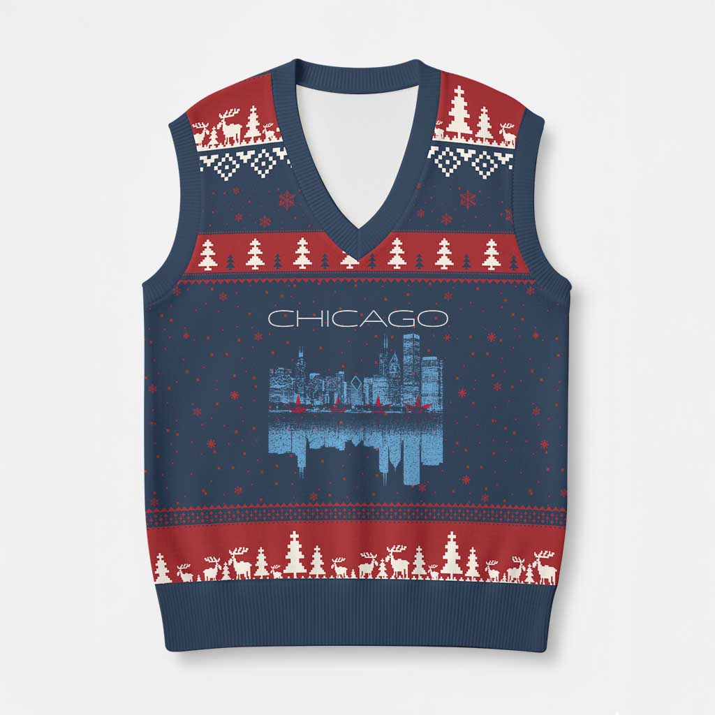 Chicago City Skyline Night Lights V-Neck Knit Sweater Vest TS14 Navy Red Print Your Wear