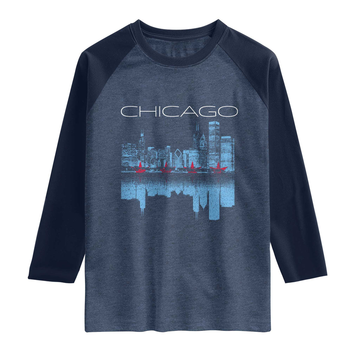 Chicago City Skyline Night Lights Raglan Shirt TS14 Heather Denim Navy Print Your Wear