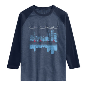 Chicago City Skyline Night Lights Raglan Shirt TS14 Heather Denim Navy Print Your Wear