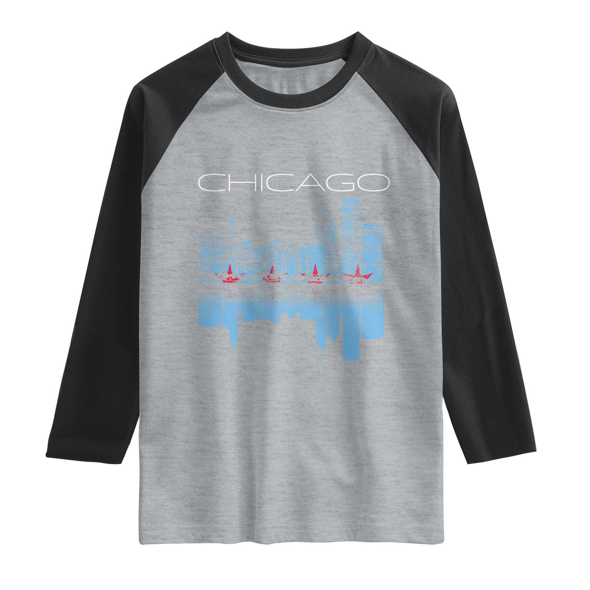 Chicago City Skyline Night Lights Raglan Shirt TS14 Heather Gray Black Print Your Wear