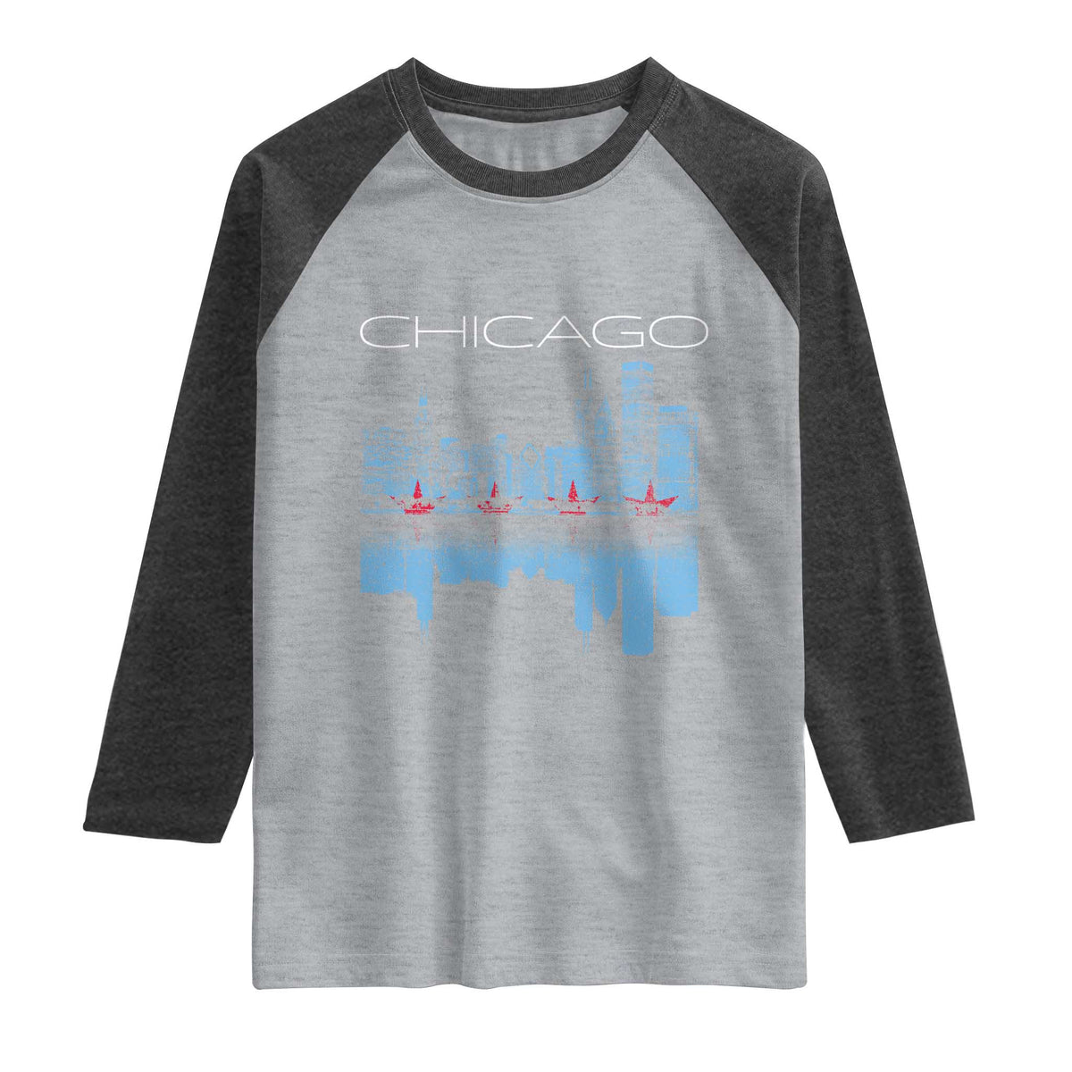 Chicago City Skyline Night Lights Raglan Shirt TS14 Heather Gray Heather Charcoal Print Your Wear