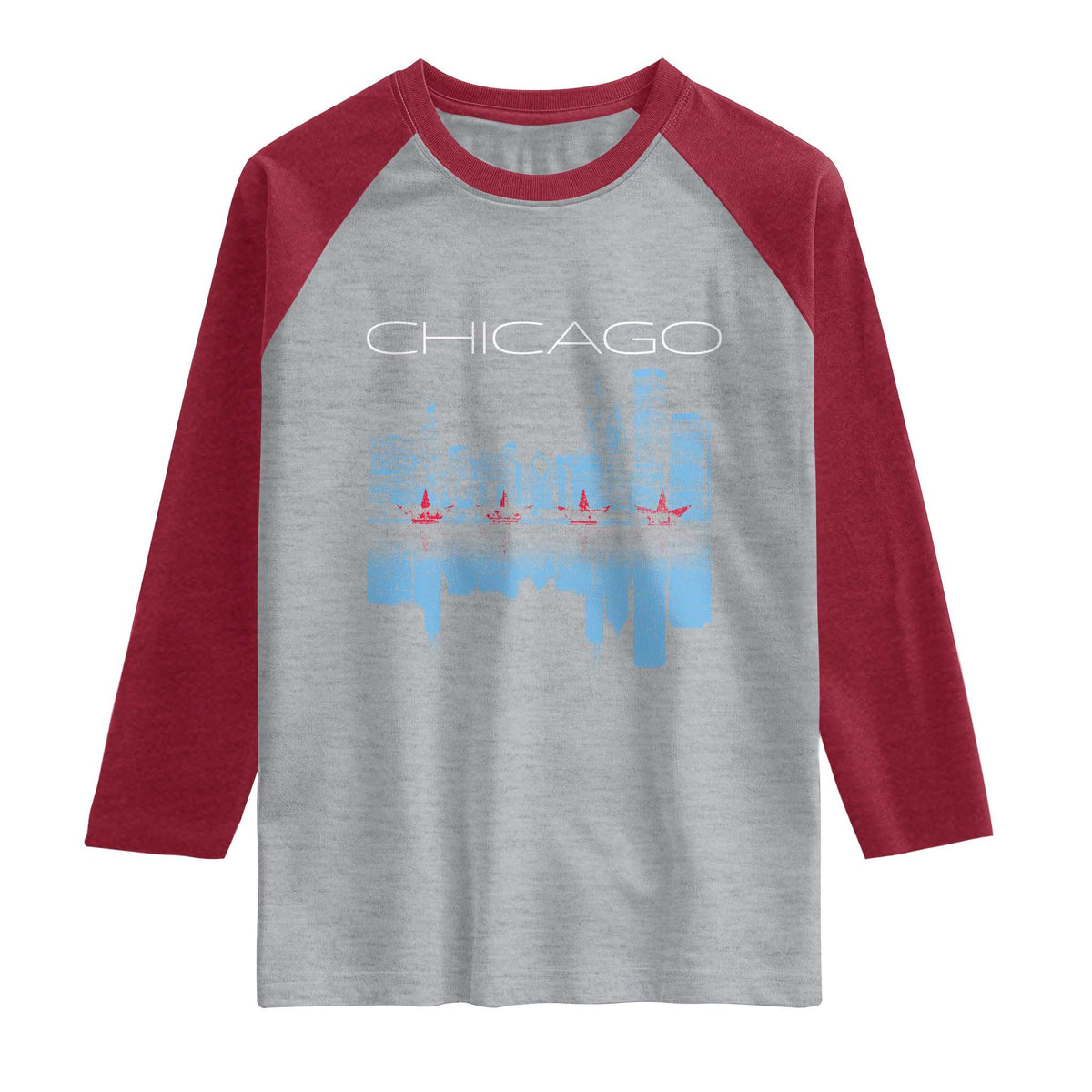 Chicago City Skyline Night Lights Raglan Shirt TS14 Heather Gray Heather Red Print Your Wear
