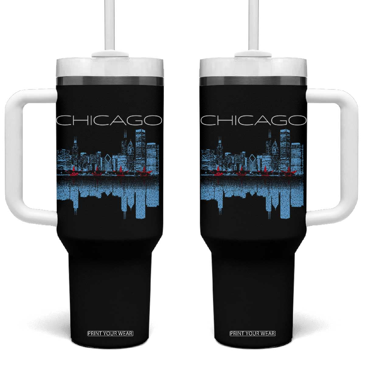 Chicago City Skyline Night Lights Tumbler With Handle TS14 One Size: 40 oz Black Print Your Wear