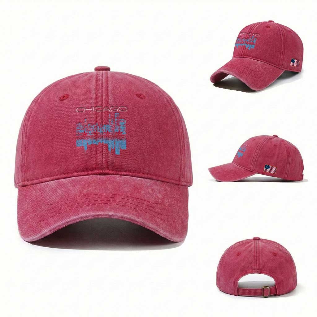 Chicago City Skyline Night Lights Washed Cotton Baseball Cap TS14 Washed Cap Universal Fit Red Print Your Wear