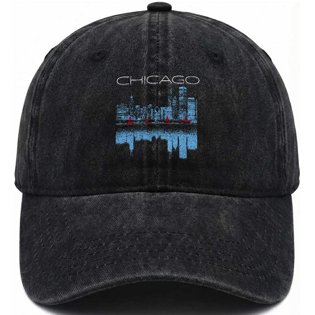 Chicago City Skyline Night Lights Washed Cotton Baseball Cap TS14 Print Your Wear